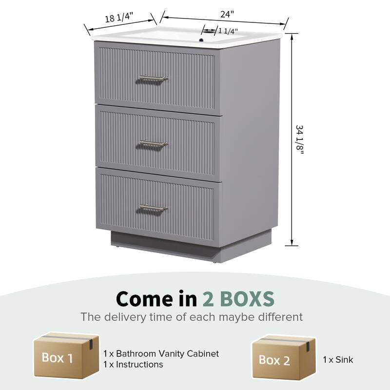 30" Freestanding Bathroom Vanity with Ceramic Sink and 2 Storage Drawers, Stylish Gray Floor Cabinet