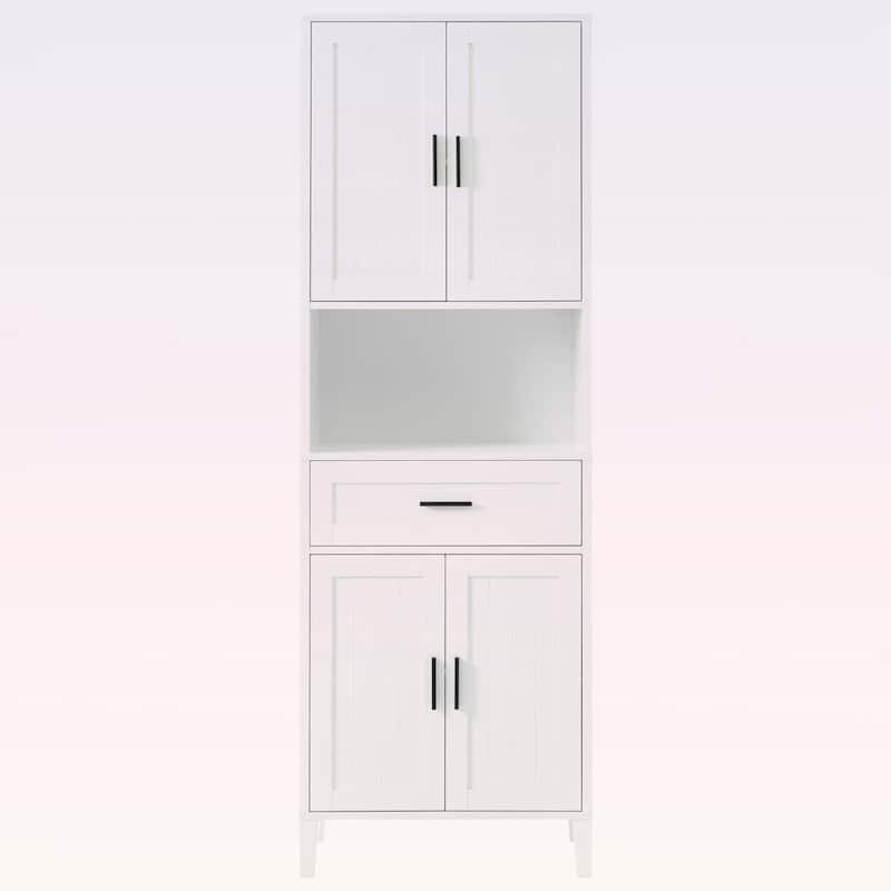 Freestanding Tall Cabinet with Drawer,2 Cabinets,4 Soft-Close Doors,and Adjustable Shelves for Versatile Storage