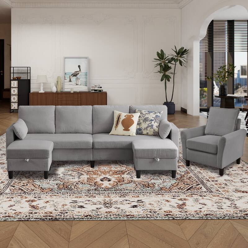 101"Corduroy 3 Piece Living Room Set Including 4 Seater Sofa ,2 Storage Ottoman and Chair
