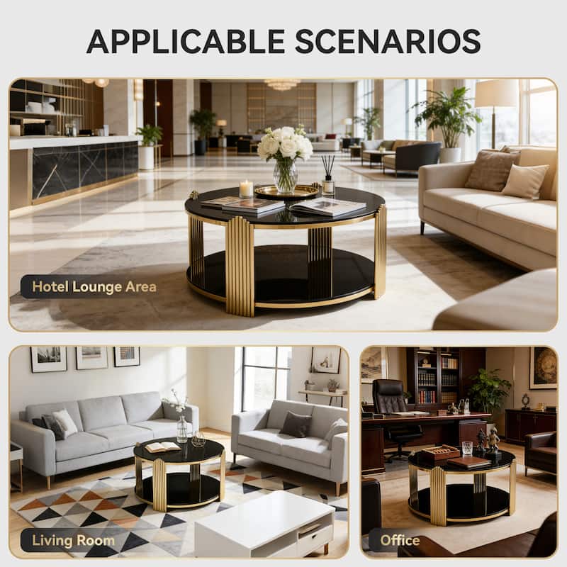 35 Inch Modern Round Coffee Table with Double Layer Black Glass and Gold Stainless Steel Frame, Easy Assembly