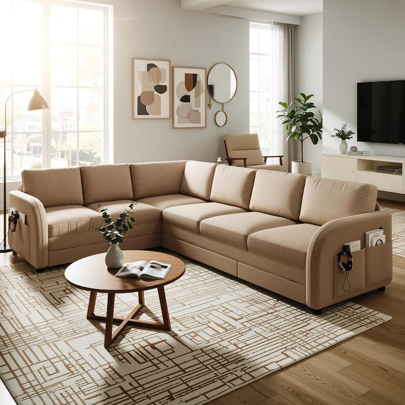 Homy Casa 85"/115" L-Shaped Sectional Sofa Bed USB & Side Pocket, Teddy Fabric Pull-Out Sleeper, Reversible Chaise, Multi Colors