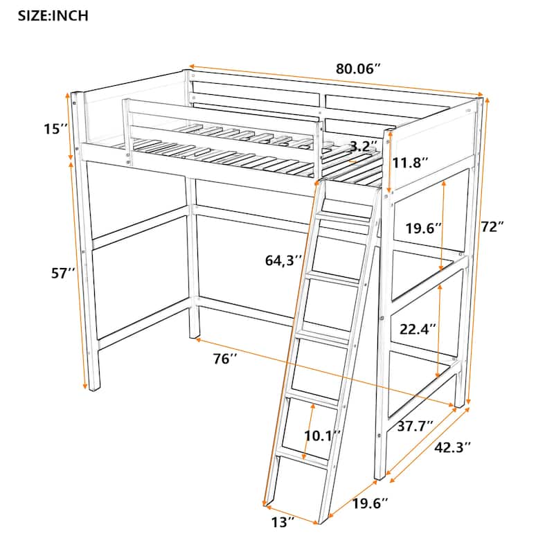Modern Simple Style Twin Size Solid Pine Wood Loft Bed with Full Length Guardrail and Inclined Ladder