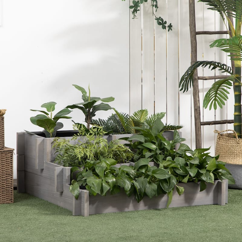 Outsunny 3-Tier Raised Garden Bed, Water Draining Fabric for Soil, Elevated Wood Flower Box for Vegetables - Grey