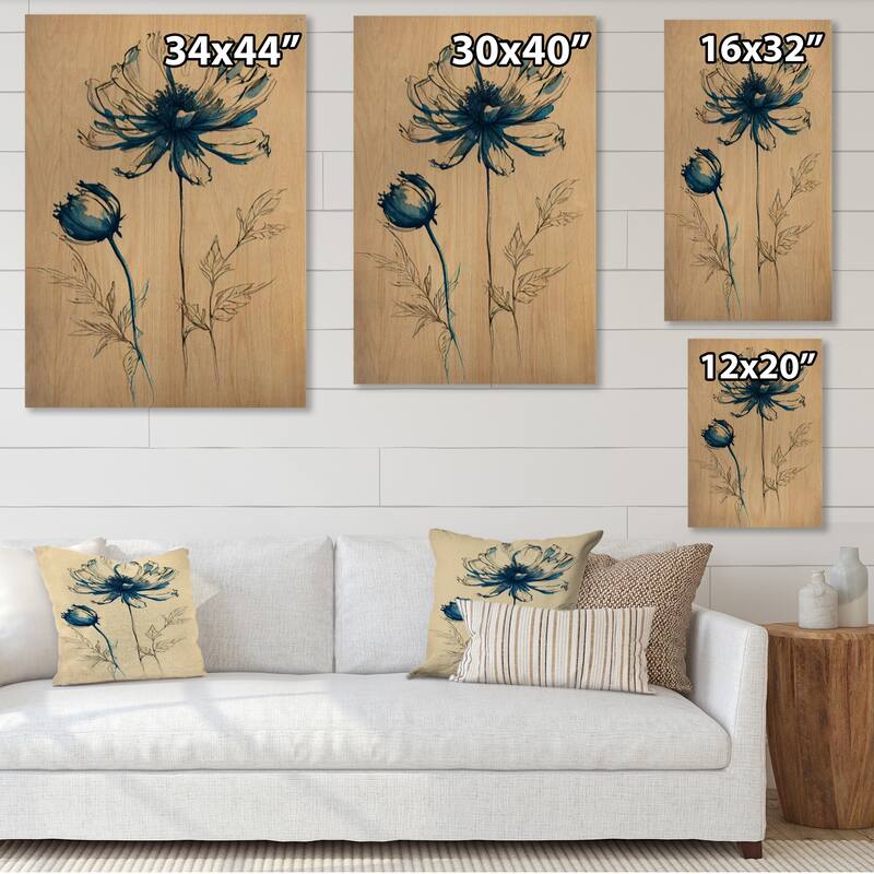 Designart 'Indigo Flower Blossoming II' Floral Wood Wall Art - Natural Pine Wood