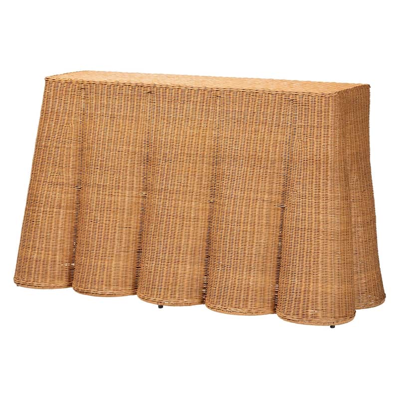 Palm Scallop Natural Rattan Console Table – Handwoven Wicker Accent Table for Hallway or Entryway, Coastal Décor, Rectangle - 54" - Honey