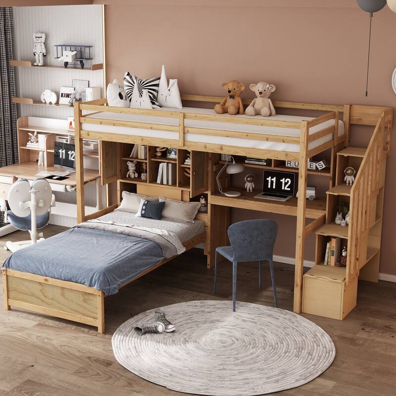 Twin over Twin Loft Bed with Built-in Desk, Staircase & Storage, Natural Pine Wood & MDF - Natural