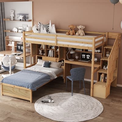 Twin over Twin Loft Bed with Built-in Desk and Staircase, With Storage Compartments and Shelves, Natural