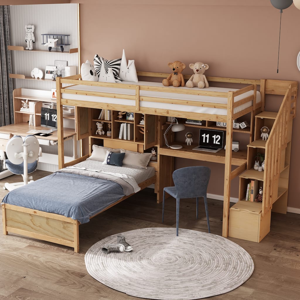 Twin over Twin Loft Bed with Built-in Desk and Staircase, With Storage Compartments and Shelves, Natural