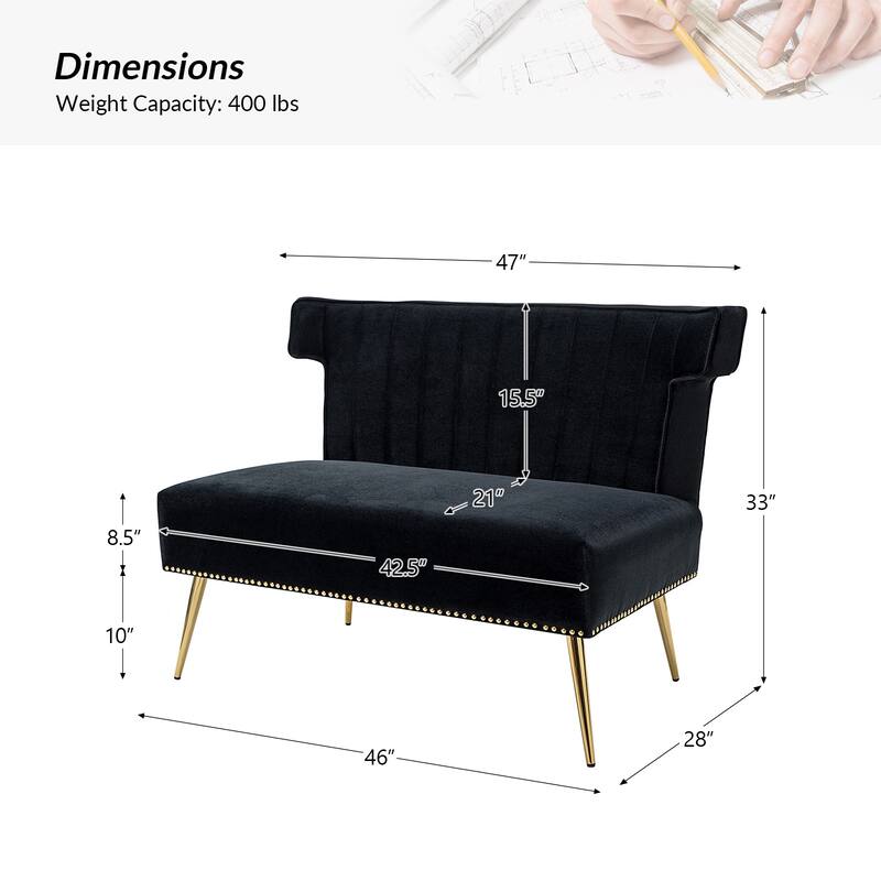 Aeneas 46"in. Modern Velvet Wingback Tufted Nailhead Trim Loveseat with Metal Adjustable Legs by HULALA HOME
