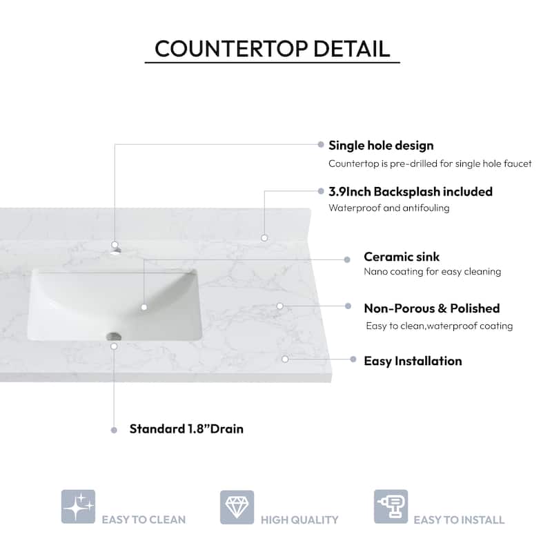 Malaga Composite Stone Vanity Top with White Rectangular Sink