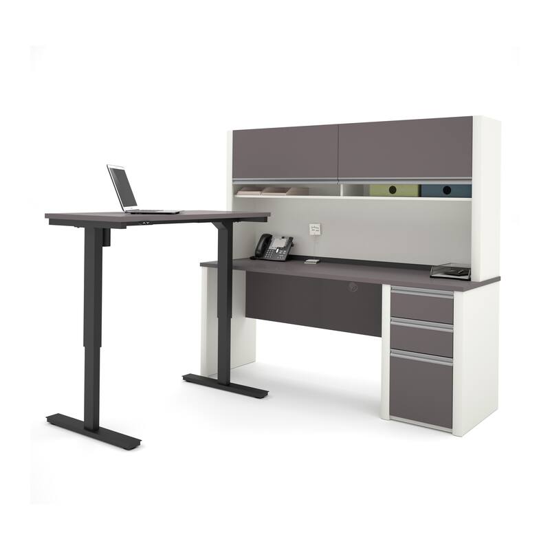 Bestar Connexion 72W L-Shaped Standing Desk with Pedestal and Hutch