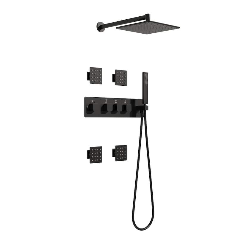 Thermostatic Shower System with 10" Ultra-Thin Square Shower Head,Body Jets And Hand Shower