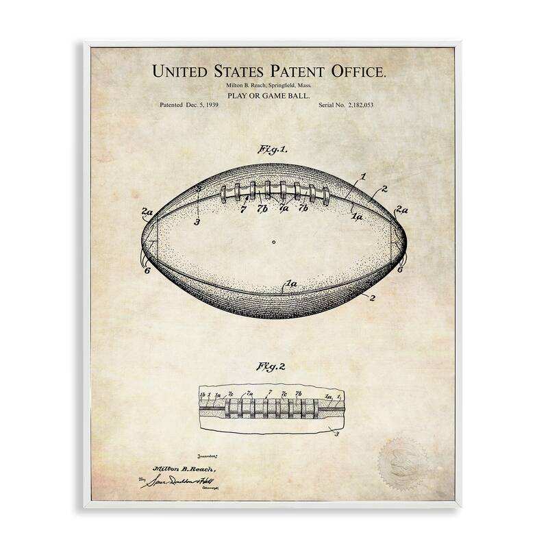 Stupell American Football Sports Patent Diagram Blueprint Design Framed Wall Art - Beige - 16 x 20 - White