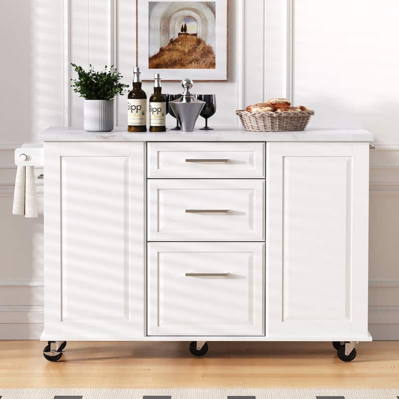 50.7" Rolling Kitchen Island - Drop Leaf, 2 Drawers, Tilt Trash Cabinet & Organizer on 5 Wheels