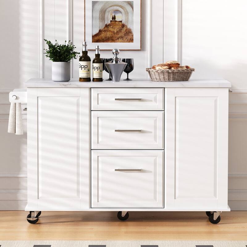 50.7"Kitchen Island with Tilt Trash Can and Pull Out Cabinet Organizer,Rolling Island on 5 Wheels with Drop Leaf,2 Drawers