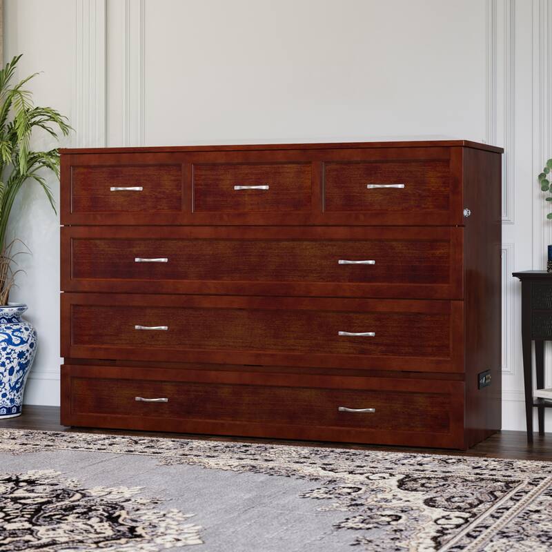Northfield Queen Murphy Bed Chest with 6" Mattress, Storage Drawer & Built-In Charger in Walnut