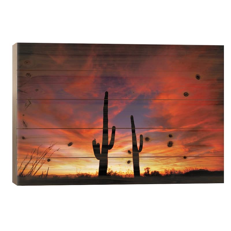 A Pair Of Saguaro Cacti At Sunset, Sonoran Desert, Arizona, USA Print On Wood by Marilyn Parver - Multi-Color - 18x26x1.5