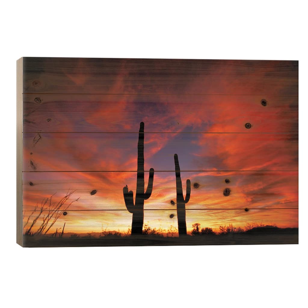 A Pair Of Saguaro Cacti At Sunset, Sonoran Desert, Arizona, USA Print On Wood by Marilyn Parver - Multi-Color