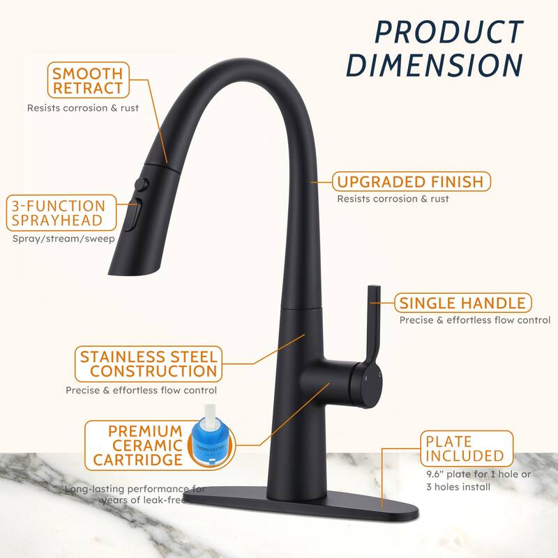 WOWOW 17.7 in. Single Handle Pull Down Sprayer Kitchen Faucet