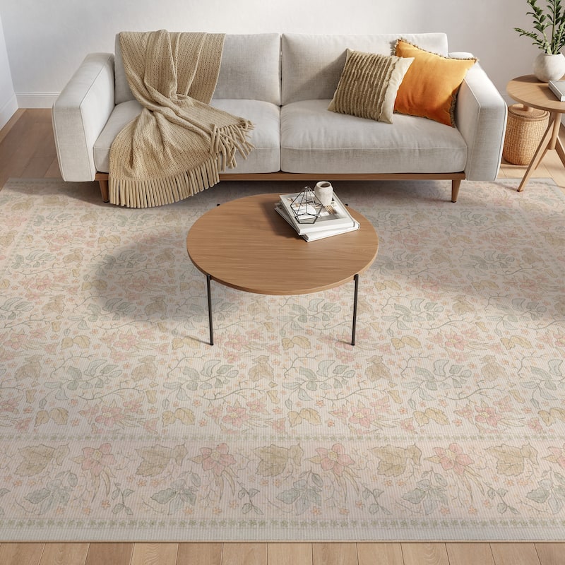 Nourison Botanical Washables Indoor only Textured Floral Area Rug - Beige/Multicolor - 4' x 6'