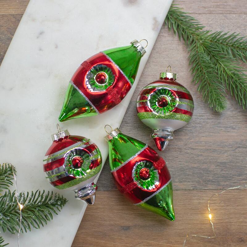 4ct Red Green and Silver Vintage Glass Christmas Ornaments 3.25-Inch (80mm) - 3.25"