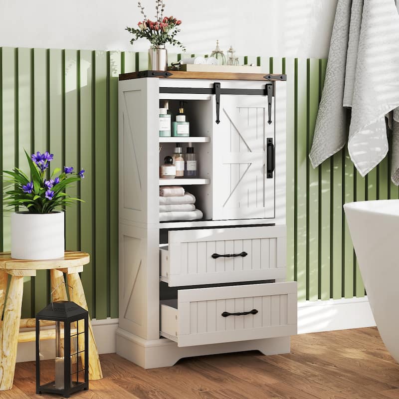 Gymax Farmhouse Bathroom Floor Cabinet w/Sliding Door Adjustable