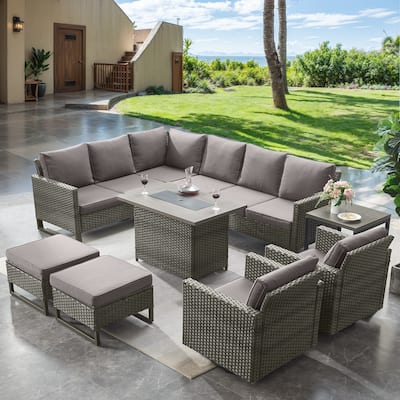 Wicker Sofa Glider Chair and Fire Pit Table- Grey cushion
