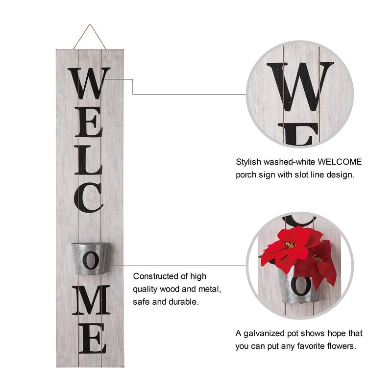 Glitzhome 42-inch Wooden Welcome Porch Sign Wall Decor with Metal Planter