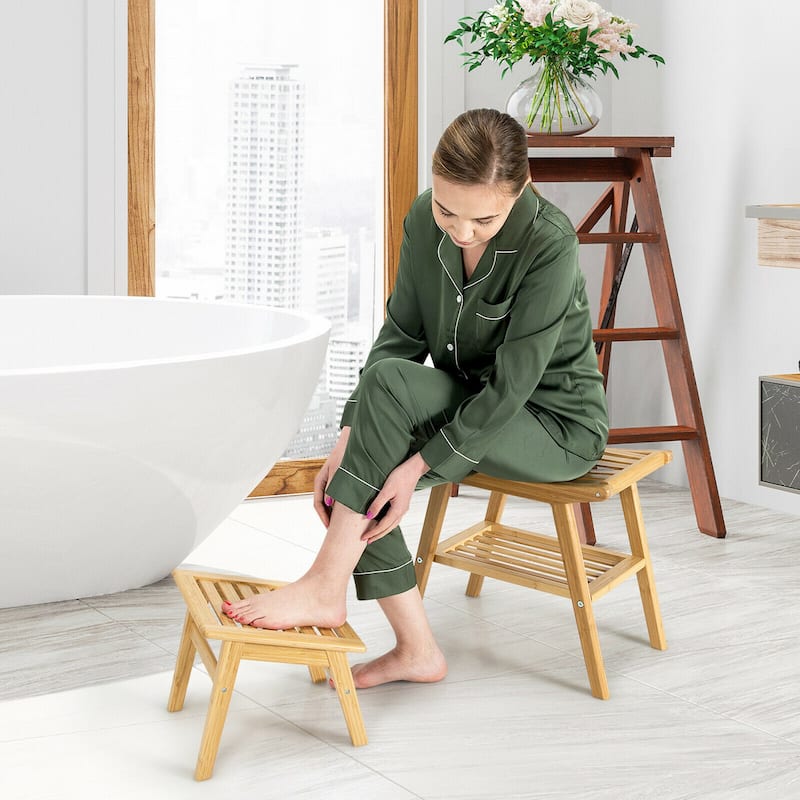 Bamboo Shower Seat Bench w/Underneath Storage Shelf, Spa Bath Seat