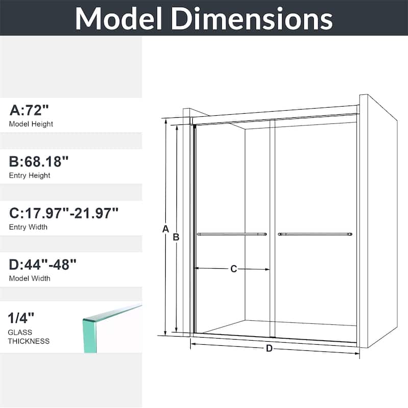 44"-48"W x72" H Semi-Frameless Double Sliding Shower Door