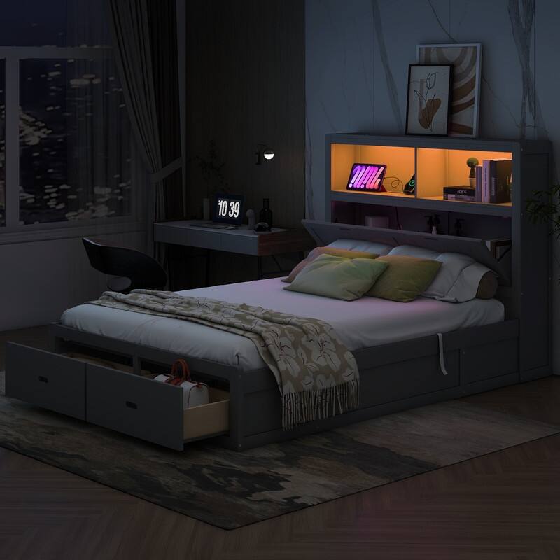 Full/Queen Size Hydraulic Storage Platform Bed Frame with LED, Charging Station and 2 Drawers