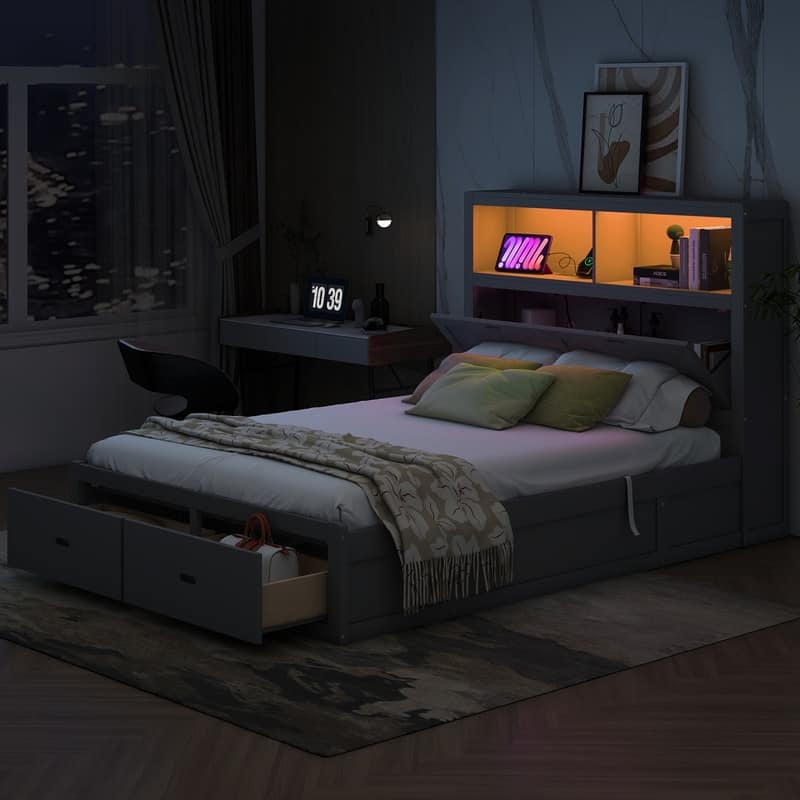 Queen Size Wood Platform Bed with LED Headboard Charging Station 2 Drawers Hydraulic Storage