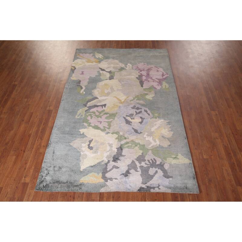 Handmade Gray Abstract Indian Area Rug Oriental Wool & Silk Carpet - 5'5"x 8'4"