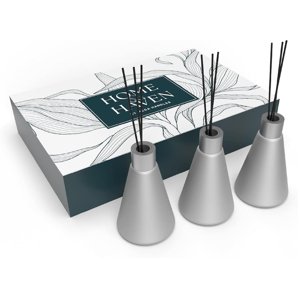 Mega Handles 3 Pack Reed Diffuser Set with 9 Sticks & White Flower Scented Essential Oil - Home & Bathroom Air Freshener