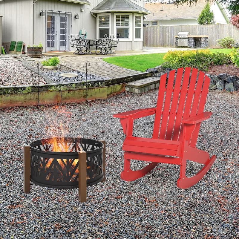 Fir Wood Outdoor Rocking Chair Ergonomic Comfortable Porch Balcony Backyard Chair - 30.25" L x 37" W x 38.25" H - Red