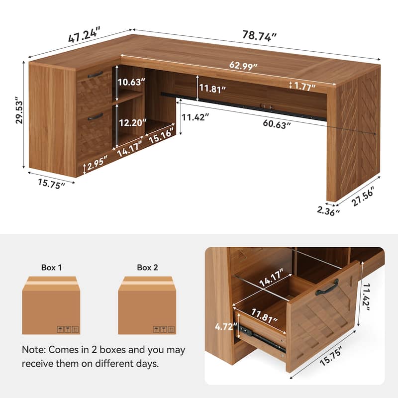 78.7" L-Shaped Executive Desk, Large Home Office Corner Desk with 2 File Drawers & Storage Shelves