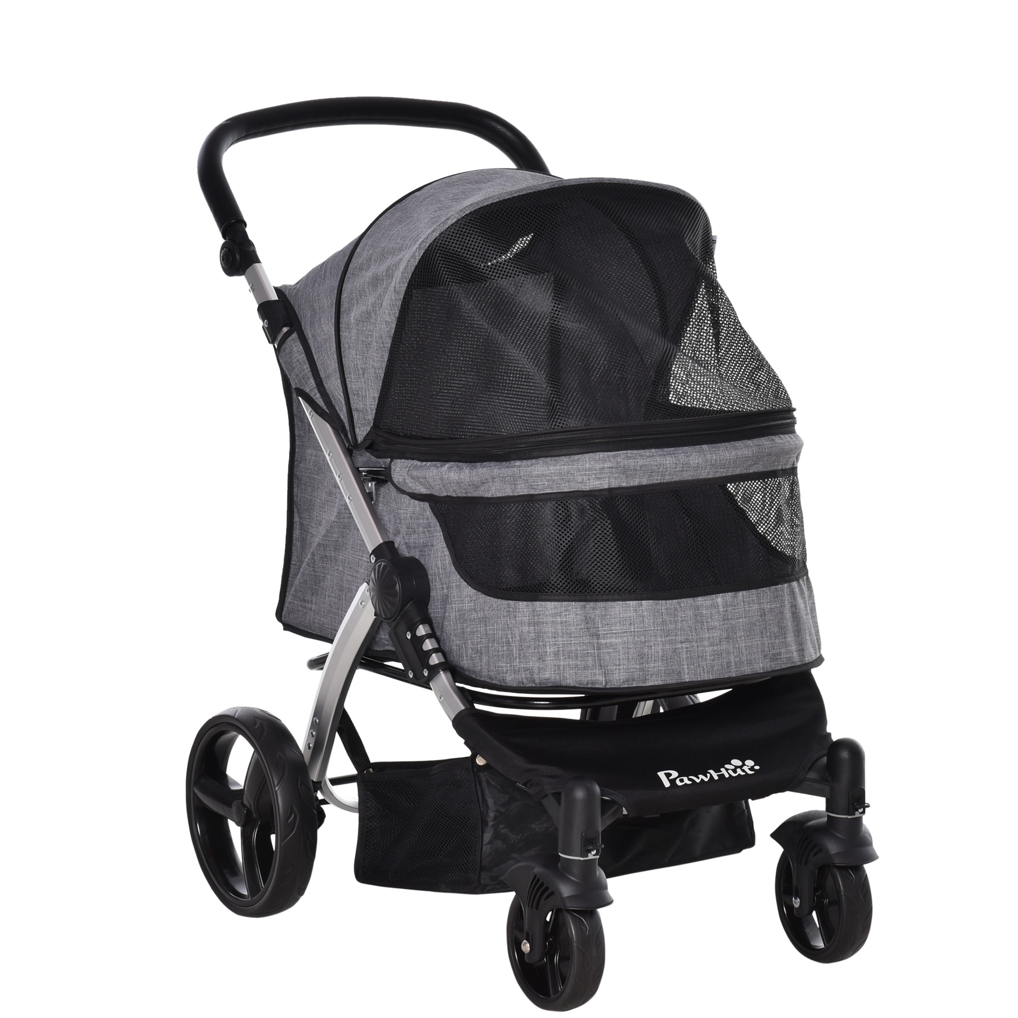 PawHut Travel Pet Stroller with Adjustable Handlebar PVC Wheel Brake Storage Bag Mesh Window and Safety Leash Grey Bed Bath Beyond 33832563