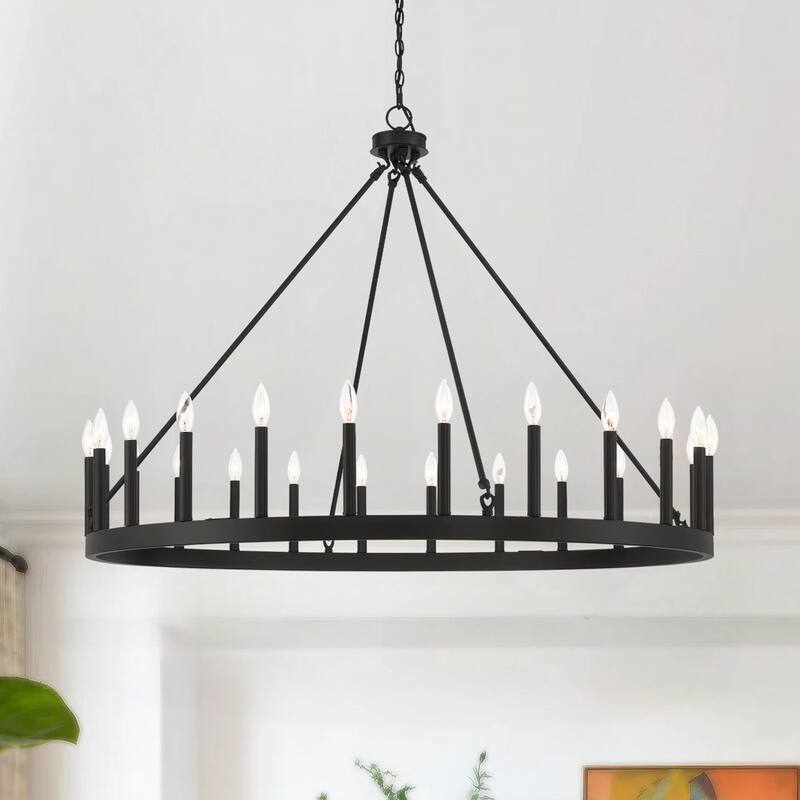 24-light Modern Farmhouse Large Black Wagon Wheel Chandelier - 47 inches - 47 inches - Matte Black