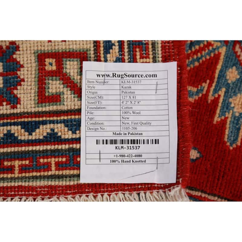 Kazak Foyer Rug Traditional Red Handmade Wool Carpet - 2'8"x 4'2"