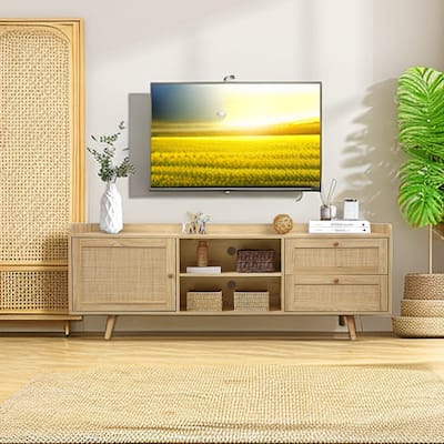 TV Media Console Rattan TV Stand for 75 Inch TV