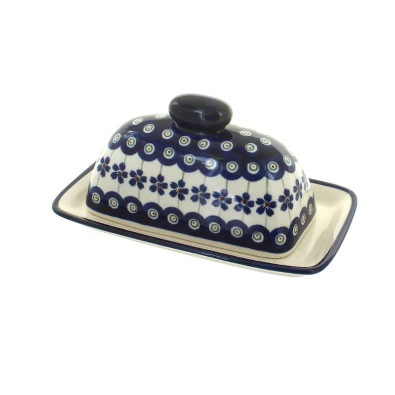 Blue Rose Polish Pottery 1377 Zaklady Butter Dish - Flowering Peacock