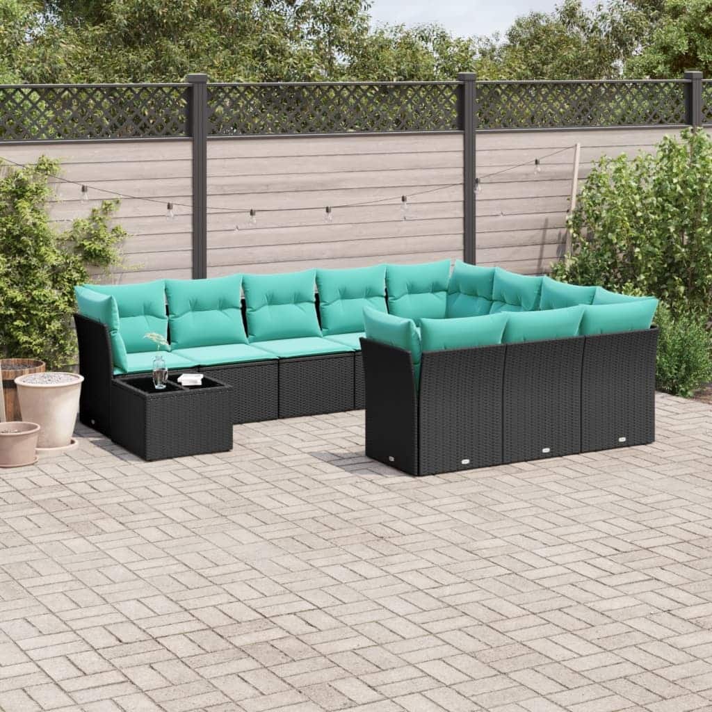 vidaXL 11 Piece Patio Sofa Set with Cushions Black Poly Rattan - 113.8x27.2x92.1