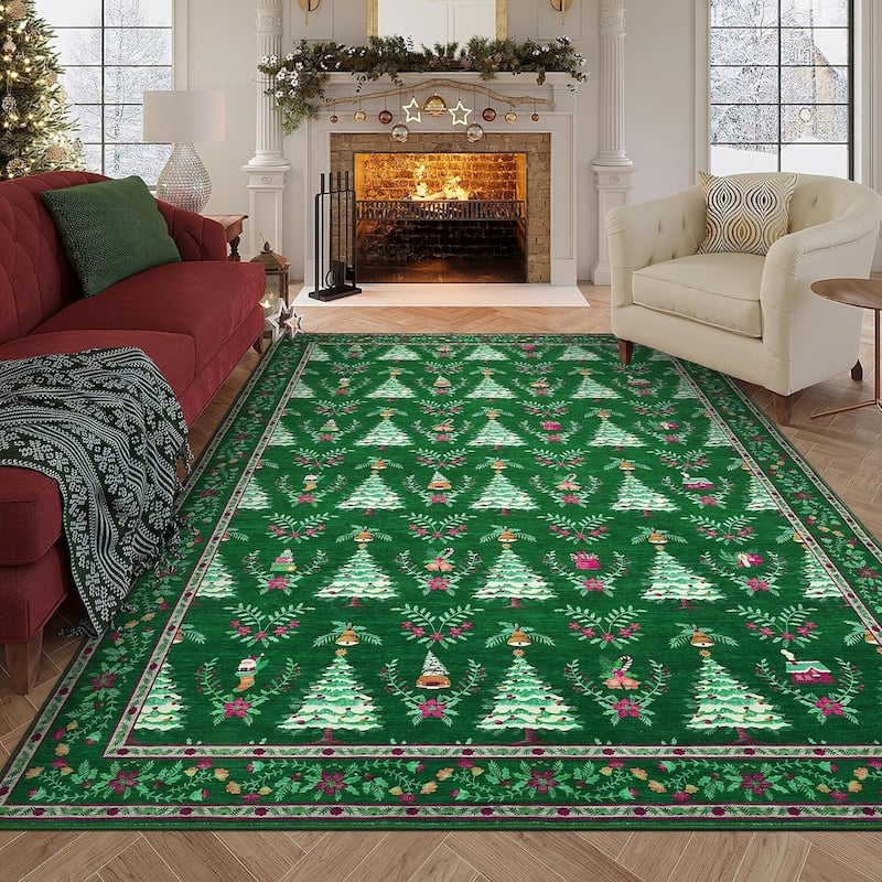 Soft Low Pile Festive Washable Christmas Area Rug for Xmas Holiday Decor, Green - 5*7ft