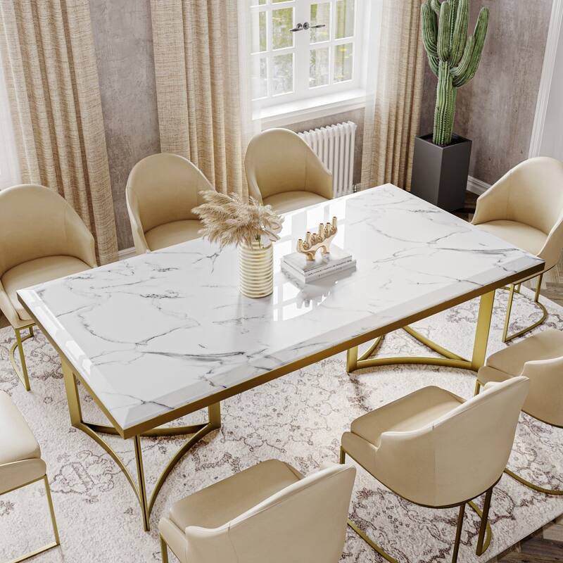 Modern Marble Dining Table with White Rectangular Tabletop Gold Stainless Legs, Dining Room Table for 4-6 - 63"