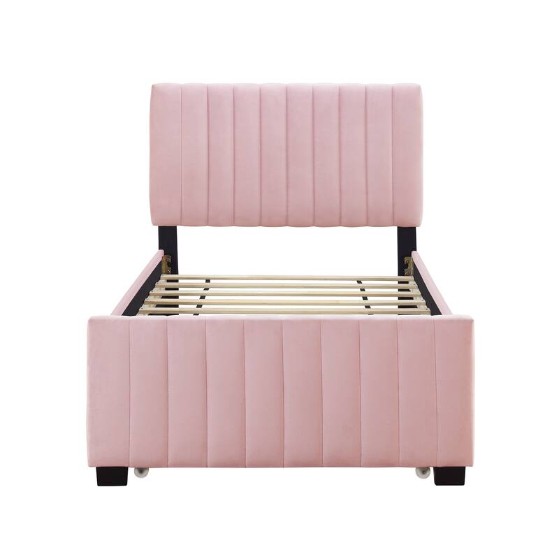 Twin Size Velvet Upholstered Platform Bed Frame with Trundle, No Box Spring, Space-Saving Design, Sturdy Construction