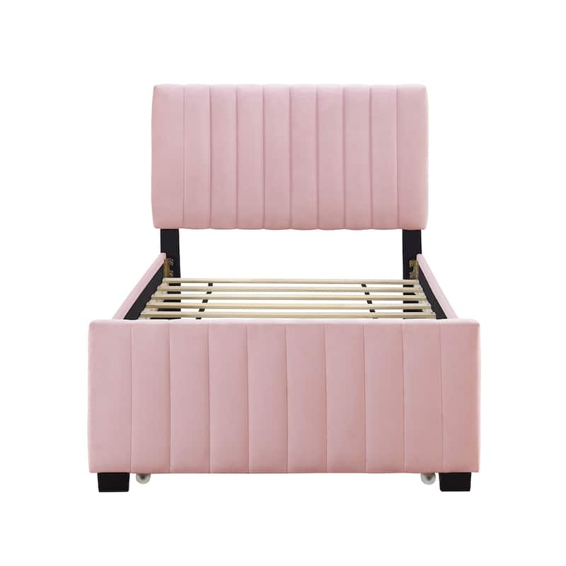 Twin Size Velvet Upholstered Platform Bed with Trundle, Pink