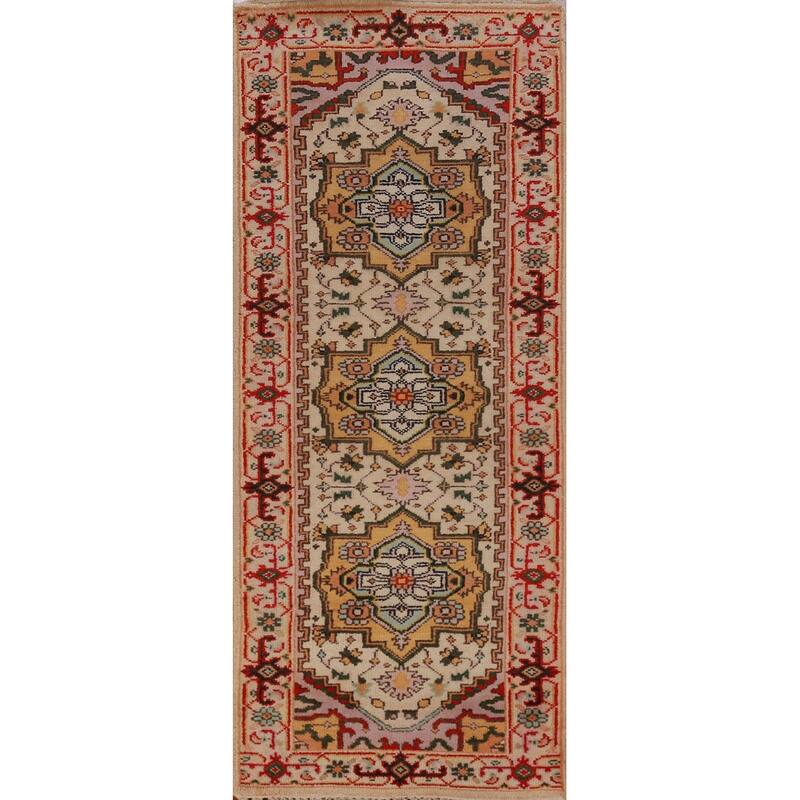 Hand Knotted Oriental 100% Wool Carpet Traditional Geometric Beige & Ivories Heriz (serapi) Runner Rug - 8' 1'' X 2' 7''