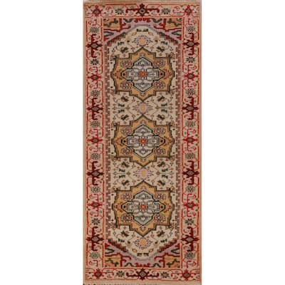Hand Knotted Oriental 100% Wool Carpet Traditional Geometric Beige & Ivories Heriz (serapi) Runner Rug - 8' 1'' X 2' 7''