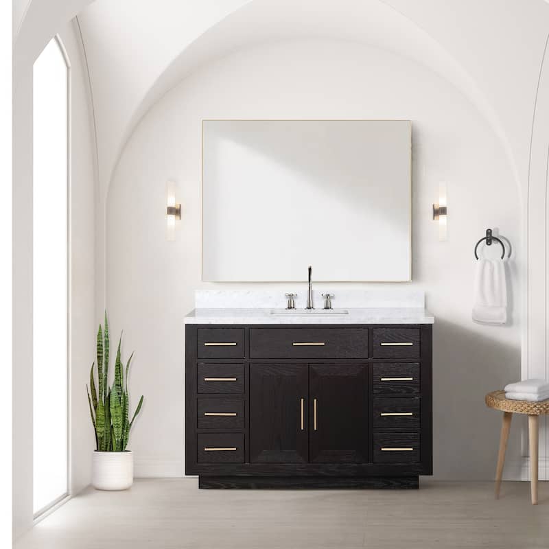Lexora Abbey Bath Vanity, Carrara Marble Top, Faucet Set, and Mirror