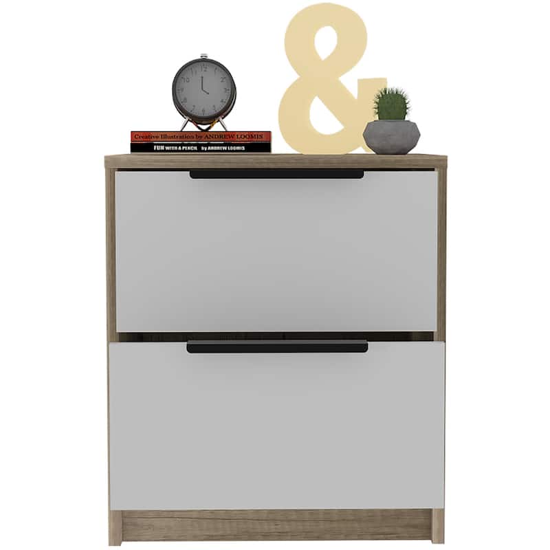 Light Brown Oak 2-Drawer Rectangular Nightstand with Metal Accents